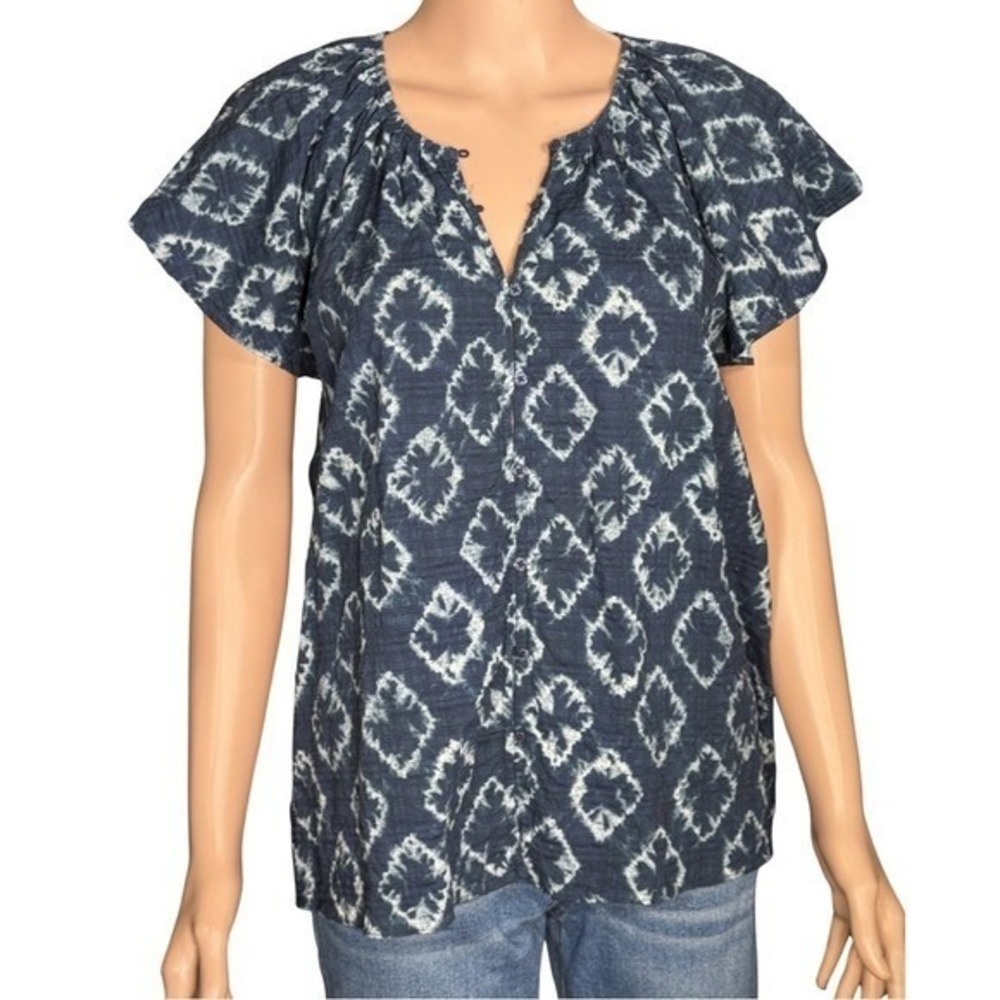 Grade & Gather Navy Blue Ikat Diamond Print Cotton Blouse Top 41340 Large‎